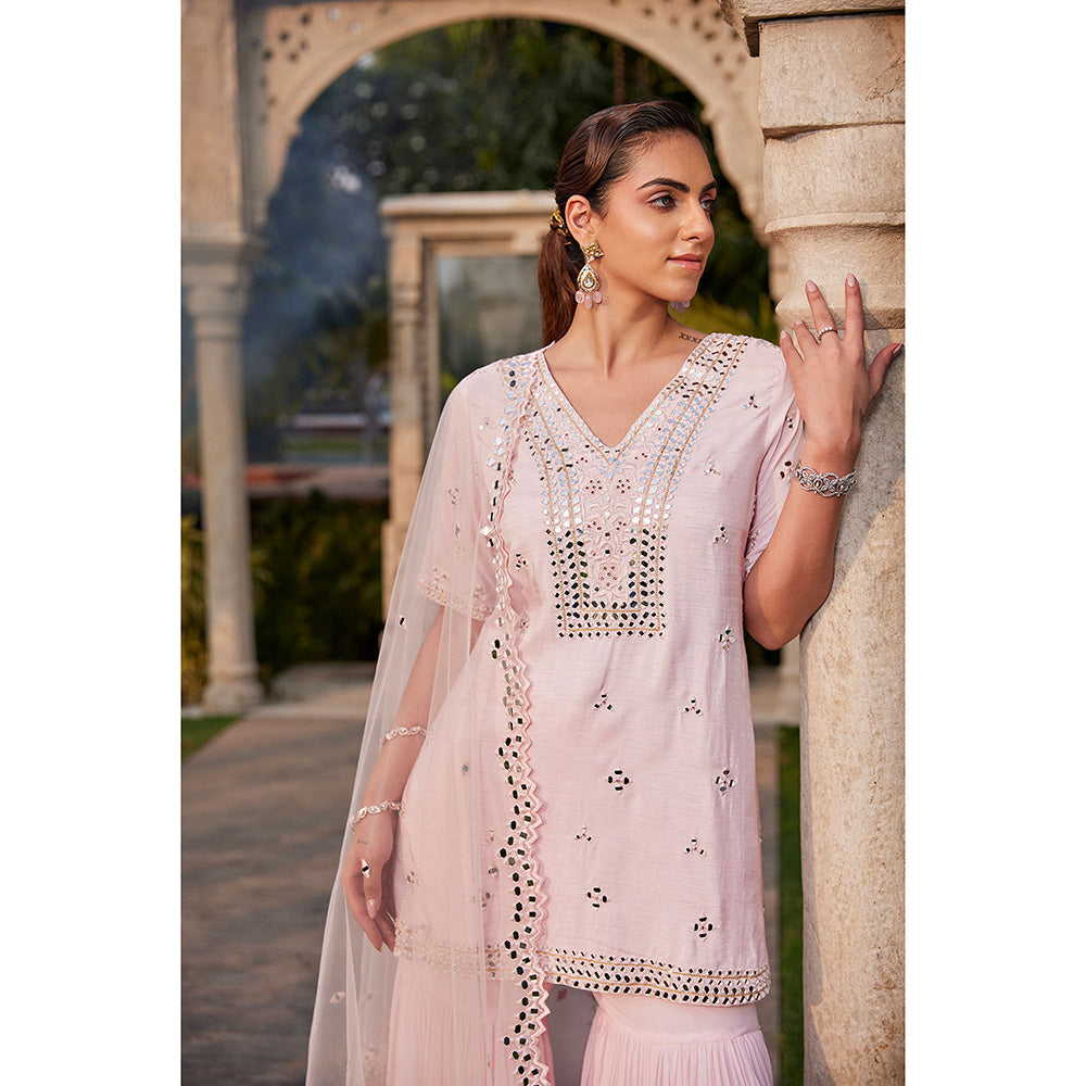 MEHAK MURPANA Baby Pink Mirror Embroidered Short Kurta Sharara and Dupatta (Set of 3)