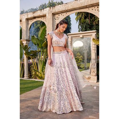 MEHAK MURPANA Baby Pink Mirror Embroidered Choli Lehenga and Dupatta (Set of 3)