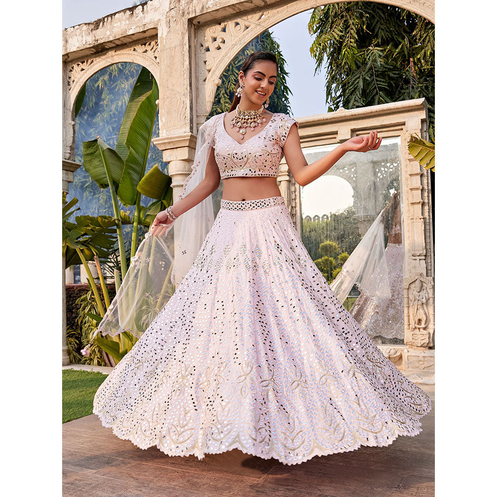 MEHAK MURPANA Baby Pink Mirror Embroidered Choli Lehenga and Dupatta (Set of 3)