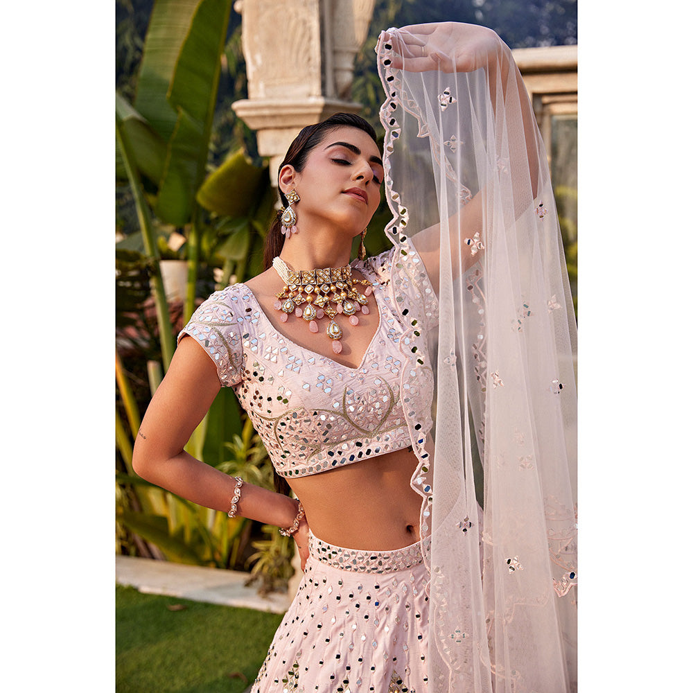 MEHAK MURPANA Baby Pink Mirror Embroidered Choli Lehenga and Dupatta (Set of 3)