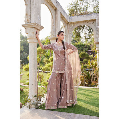 MEHAK MURPANA Coffee Mirror Embroidered Short Kurta Sharara and Dupatta (Set of 3)