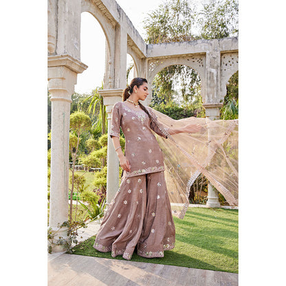 MEHAK MURPANA Coffee Mirror Embroidered Short Kurta Sharara and Dupatta (Set of 3)