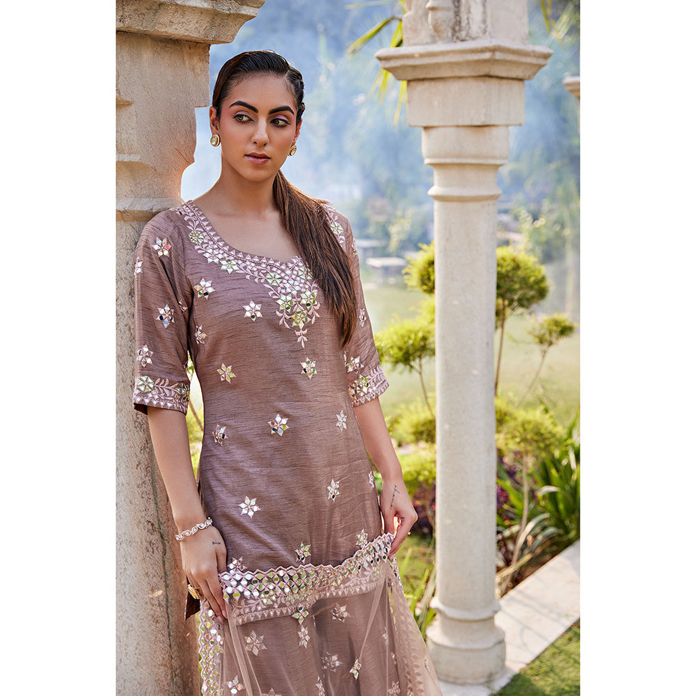 MEHAK MURPANA Coffee Mirror Embroidered Short Kurta Sharara and Dupatta (Set of 3)