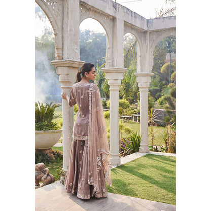 MEHAK MURPANA Coffee Mirror Embroidered Short Kurta Sharara and Dupatta (Set of 3)