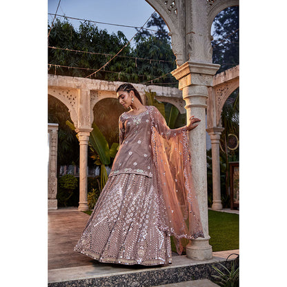 MEHAK MURPANA Coffee Mirror Embroidered Kurta Lehenga and Dupatta (Set of 3)