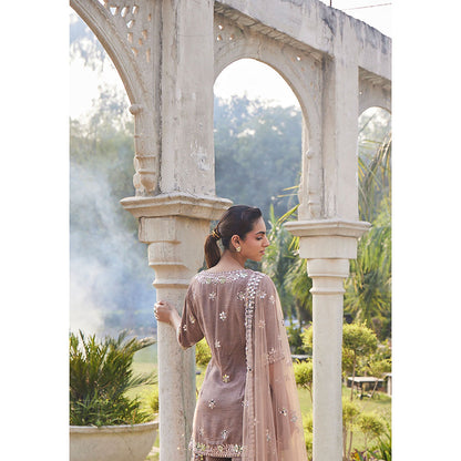 MEHAK MURPANA Coffee Mirror Embroidered Kurta Lehenga and Dupatta (Set of 3)