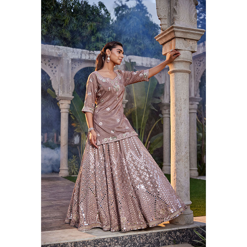 MEHAK MURPANA Coffee Mirror Embroidered Kurta Lehenga and Dupatta (Set of 3)