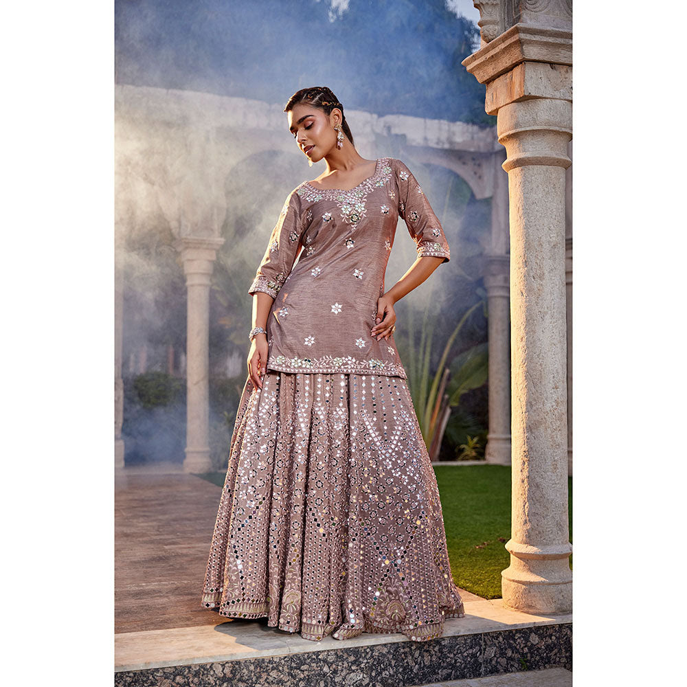 MEHAK MURPANA Coffee Mirror Embroidered Kurta Lehenga and Dupatta (Set of 3)