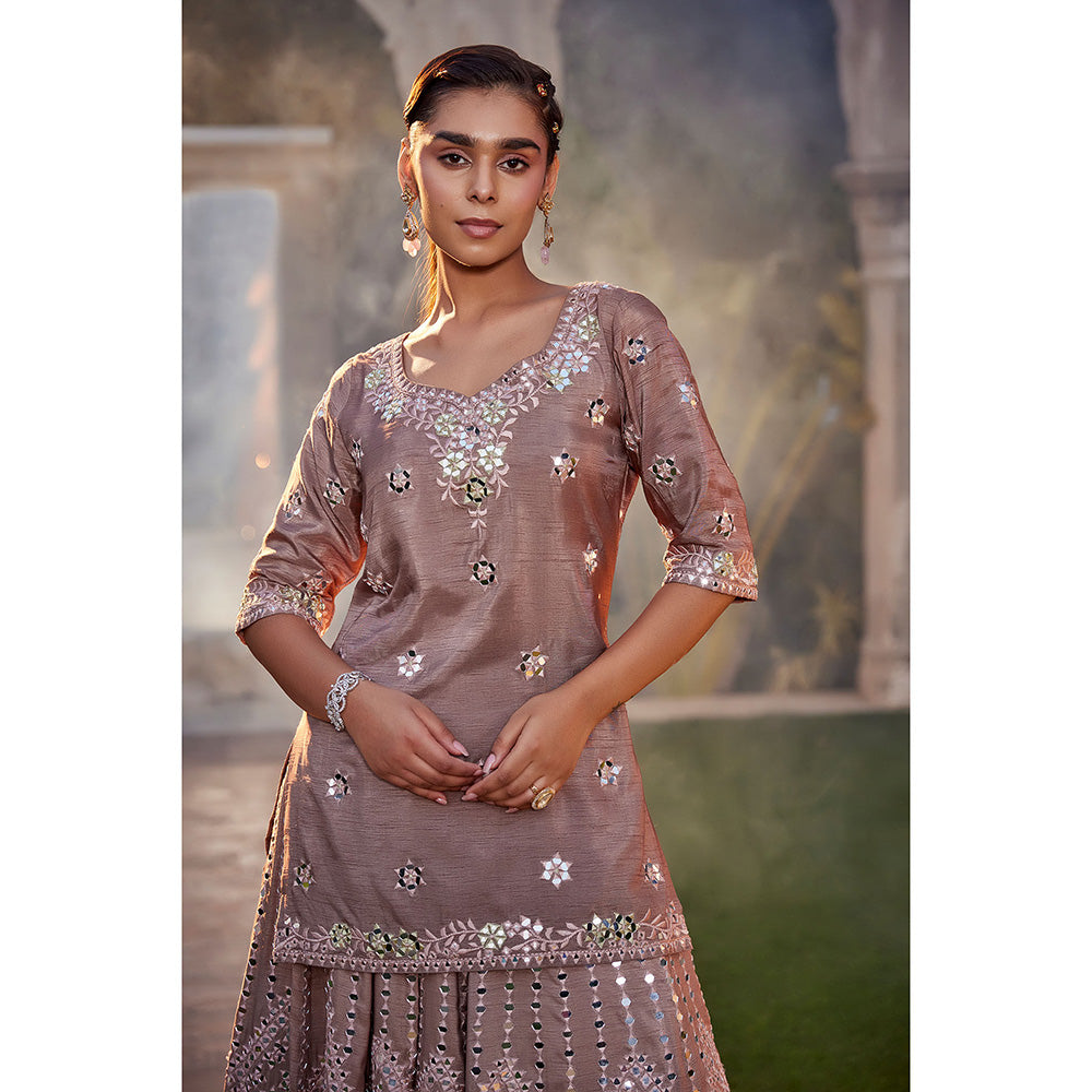 MEHAK MURPANA Coffee Mirror Embroidered Kurta Lehenga and Dupatta (Set of 3)