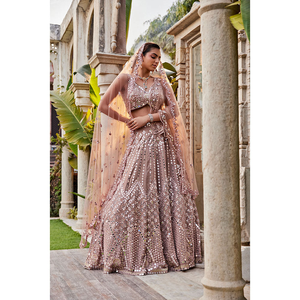 MEHAK MURPANA Coffee Mirror Embroidered Kurta Lehenga and Dupatta (Set of 3)