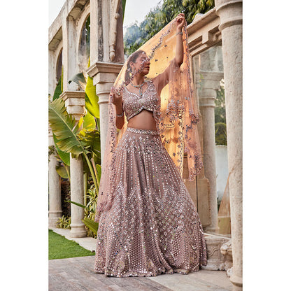 MEHAK MURPANA Coffee Mirror Embroidered Kurta Lehenga and Dupatta (Set of 3)