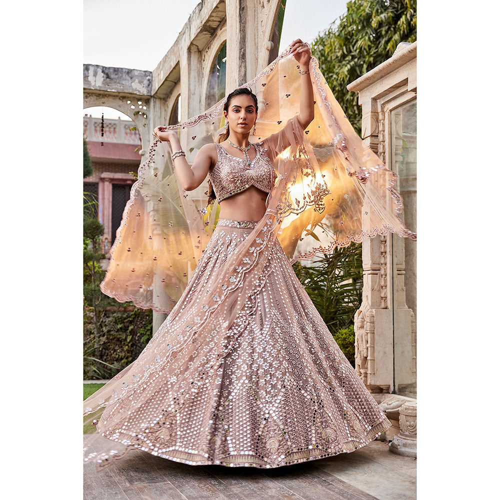 MEHAK MURPANA Coffee Mirror Embroidered Kurta Lehenga and Dupatta (Set of 3)