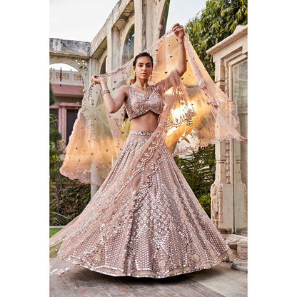 MEHAK MURPANA Coffee Mirror Embroidered Kurta Lehenga and Dupatta (Set of 3)