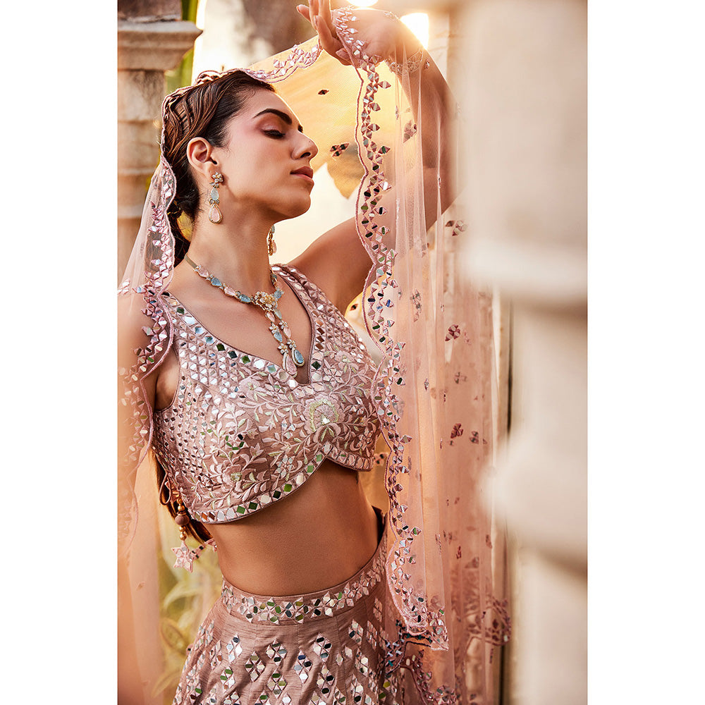 MEHAK MURPANA Coffee Mirror Embroidered Kurta Lehenga and Dupatta (Set of 3)