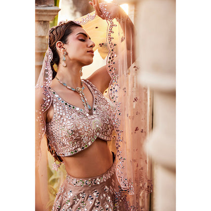 MEHAK MURPANA Coffee Mirror Embroidered Kurta Lehenga and Dupatta (Set of 3)