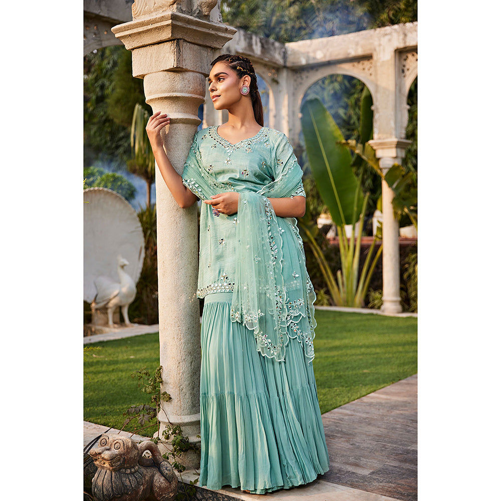 MEHAK MURPANA Sea Green Mirror Embroidered Short Kurta Sharara and Dupatta (Set of 3)