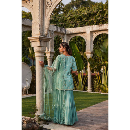 MEHAK MURPANA Sea Green Mirror Embroidered Short Kurta Sharara and Dupatta (Set of 3)