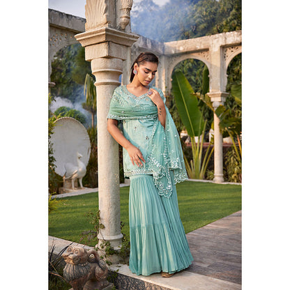 MEHAK MURPANA Sea Green Mirror Embroidered Short Kurta Sharara and Dupatta (Set of 3)