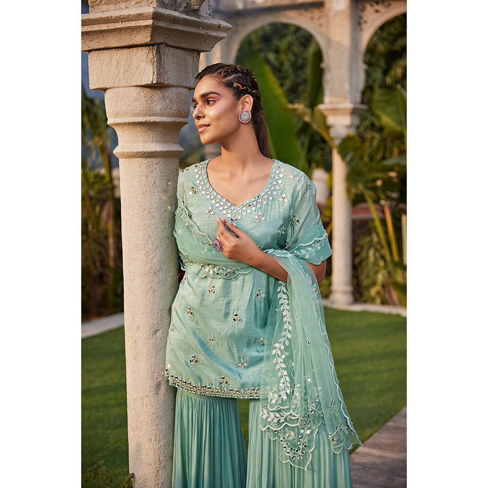 MEHAK MURPANA Sea Green Mirror Embroidered Short Kurta Sharara and Dupatta (Set of 3)