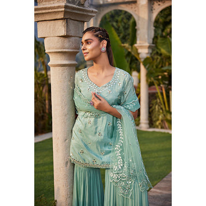 MEHAK MURPANA Sea Green Mirror Embroidered Short Kurta Sharara and Dupatta (Set of 3)