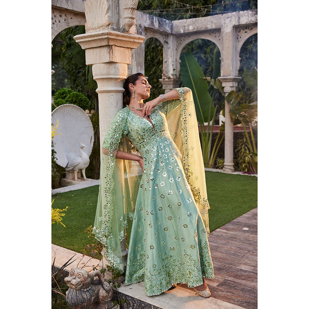 MEHAK MURPANA Sea Green Mirror Embroidered Anarkali (Set of 2)