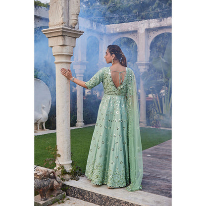 MEHAK MURPANA Sea Green Mirror Embroidered Anarkali (Set of 2)