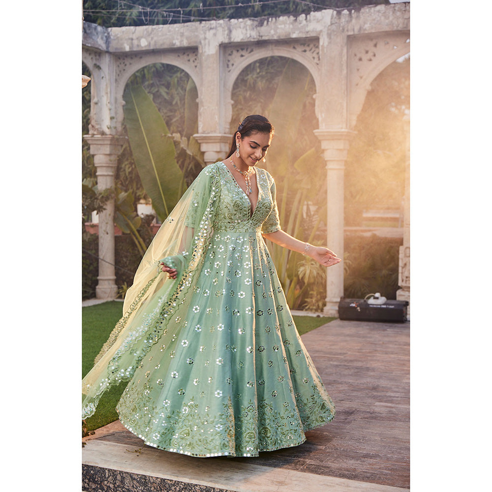 MEHAK MURPANA Sea Green Mirror Embroidered Anarkali (Set of 2)