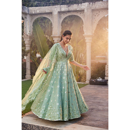 MEHAK MURPANA Sea Green Mirror Embroidered Anarkali (Set of 2)
