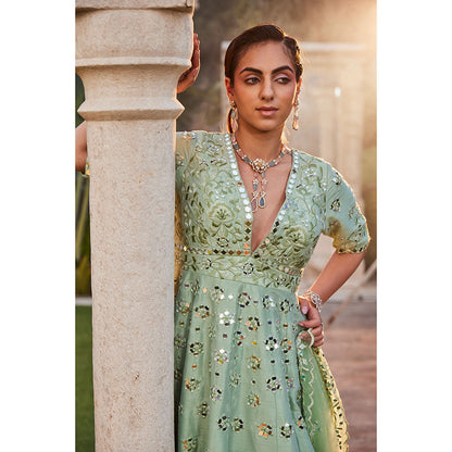 MEHAK MURPANA Sea Green Mirror Embroidered Anarkali (Set of 2)
