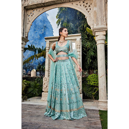 MEHAK MURPANA Sea Green Mirror Embroidered Choli Lehenga and Dupatta with Belt (Set of 4)