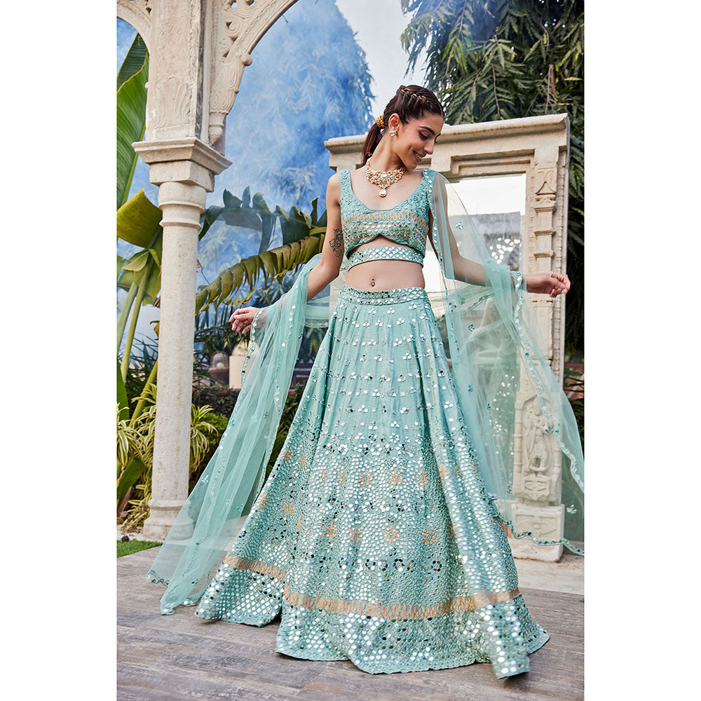 MEHAK MURPANA Sea Green Mirror Embroidered Choli Lehenga and Dupatta with Belt (Set of 4)