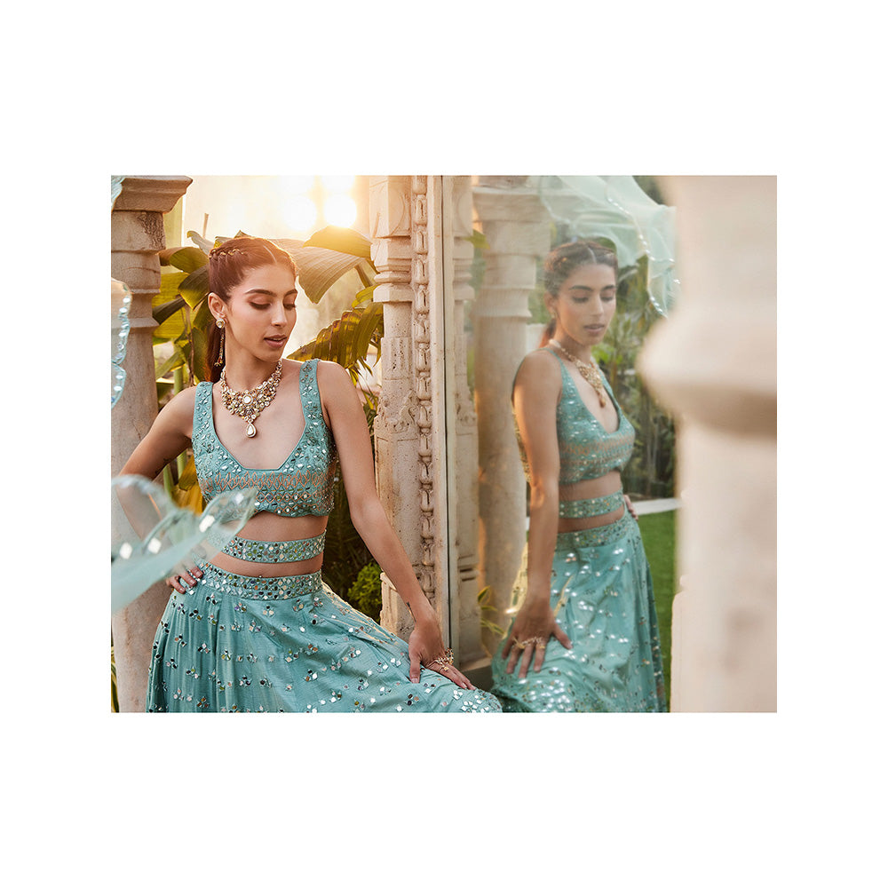 MEHAK MURPANA Sea Green Mirror Embroidered Choli Lehenga and Dupatta with Belt (Set of 4)