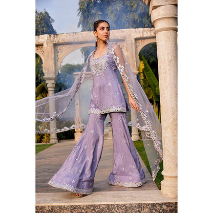 MEHAK MURPANA Lilac Mirror Embroidered Short Kurta Sharara and Dupatta (Set of 3)