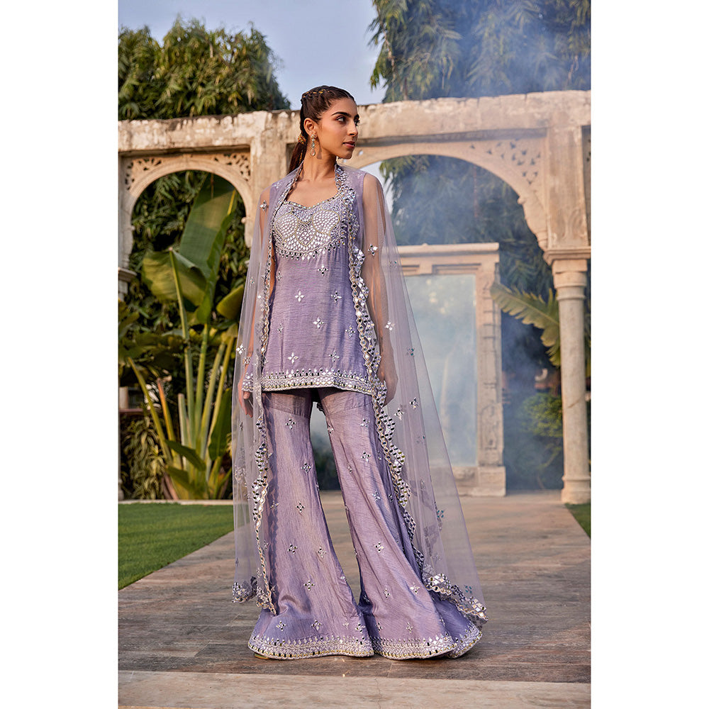 MEHAK MURPANA Lilac Mirror Embroidered Short Kurta Sharara and Dupatta (Set of 3)