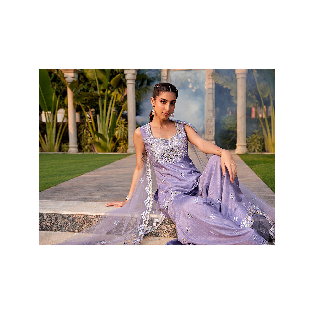 MEHAK MURPANA Lilac Mirror Embroidered Short Kurta Sharara and Dupatta (Set of 3)