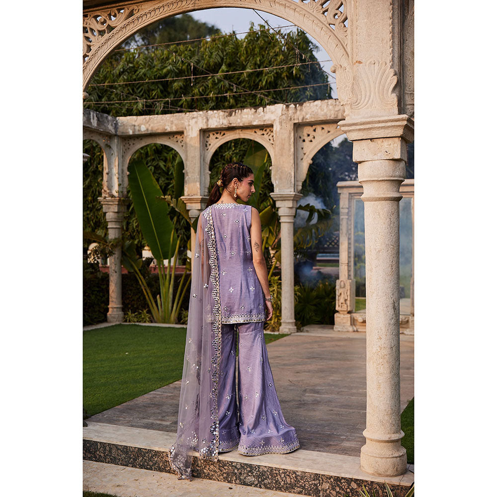 MEHAK MURPANA Lilac Mirror Embroidered Short Kurta Sharara and Dupatta (Set of 3)