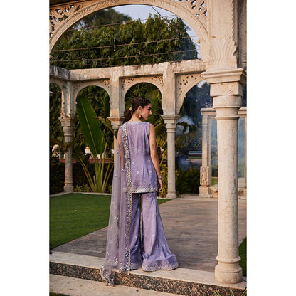 MEHAK MURPANA Lilac Mirror Embroidered Short Kurta Sharara and Dupatta (Set of 3)
