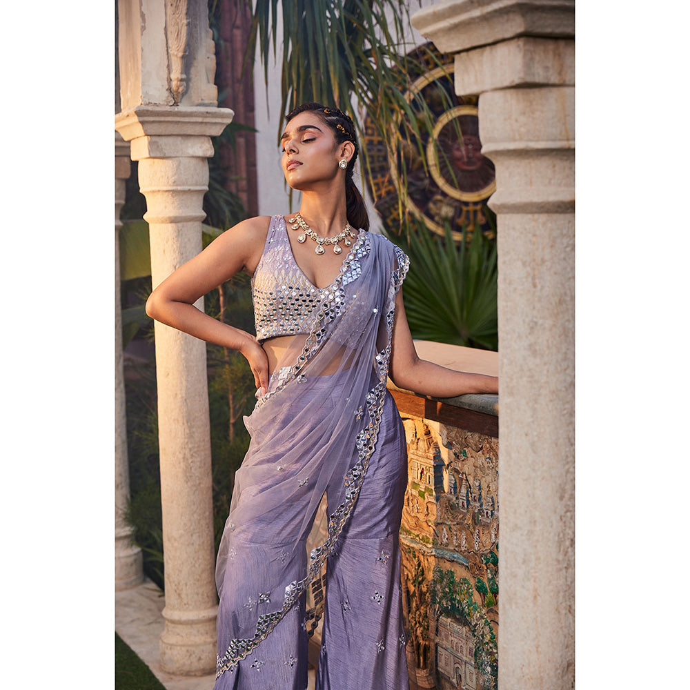 MEHAK MURPANA Lilac Mirror Embroidered Sharara Pant Sari (Set of 3)