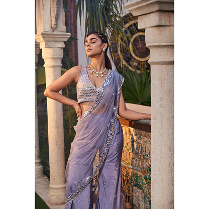 MEHAK MURPANA Lilac Mirror Embroidered Sharara Pant Sari (Set of 3)