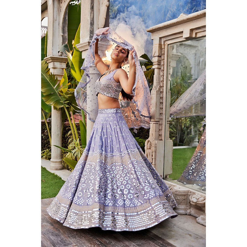 MEHAK MURPANA Lilac Mirror Embroidered Choli Lehenga and Dupatta (Set of 3)