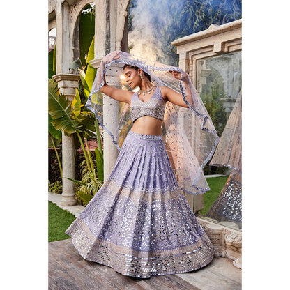MEHAK MURPANA Lilac Mirror Embroidered Choli Lehenga and Dupatta (Set of 3)