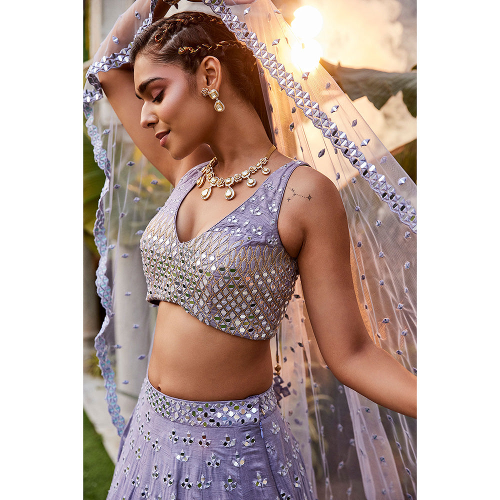 MEHAK MURPANA Lilac Mirror Embroidered Choli Lehenga and Dupatta (Set of 3)