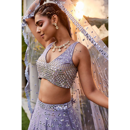 MEHAK MURPANA Lilac Mirror Embroidered Choli Lehenga and Dupatta (Set of 3)
