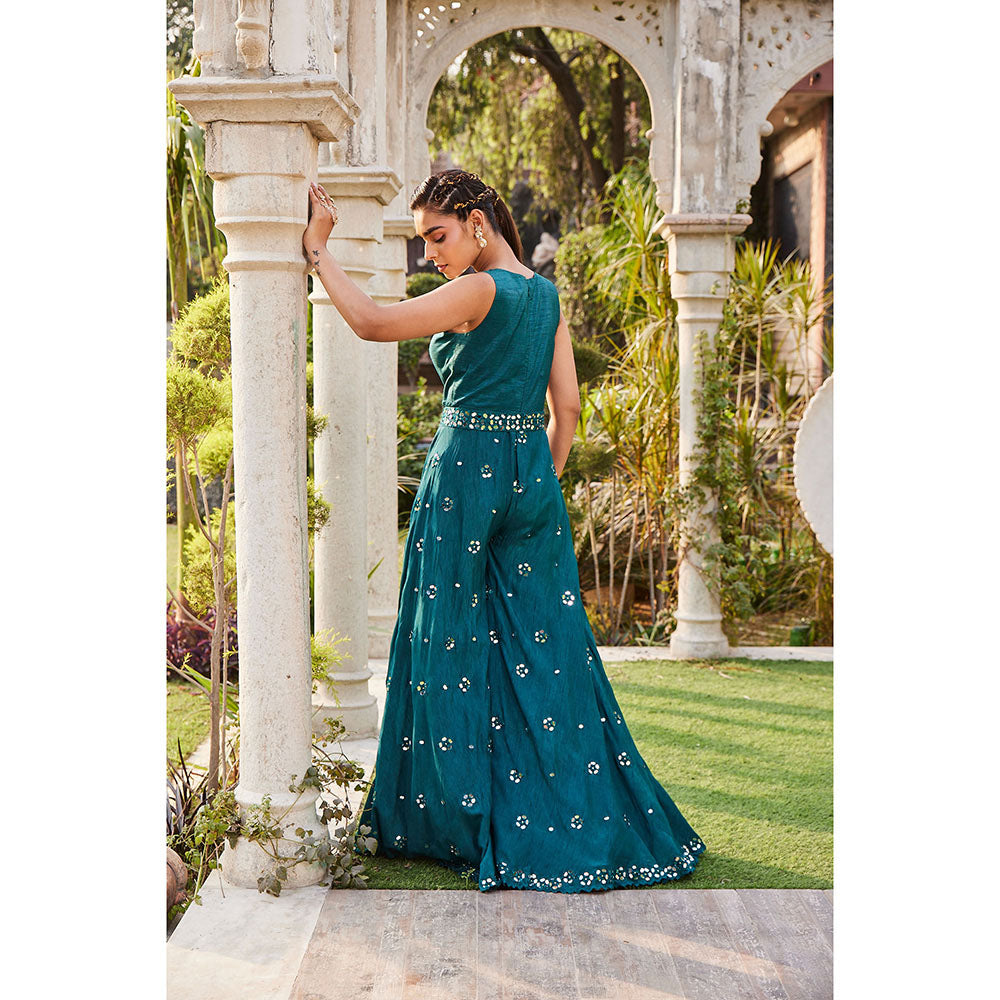 MEHAK MURPANA Teal Mirror Embroidered Jumpsuit with Belt (Set of 2)