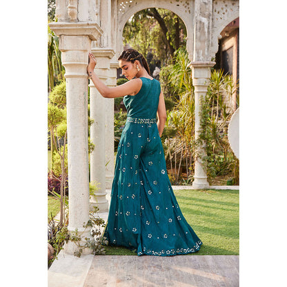 MEHAK MURPANA Teal Mirror Embroidered Jumpsuit with Belt (Set of 2)