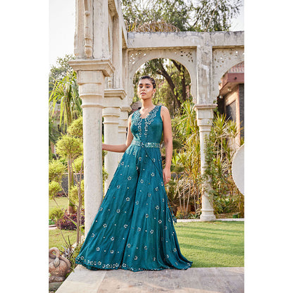 MEHAK MURPANA Teal Mirror Embroidered Jumpsuit with Belt (Set of 2)