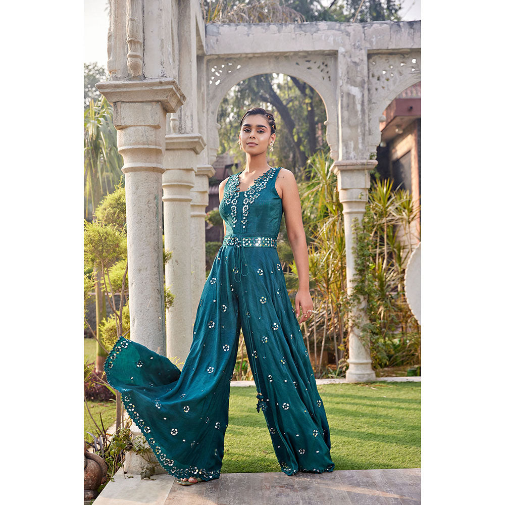 MEHAK MURPANA Teal Mirror Embroidered Jumpsuit with Belt (Set of 2)