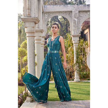 MEHAK MURPANA Teal Mirror Embroidered Jumpsuit with Belt (Set of 2)