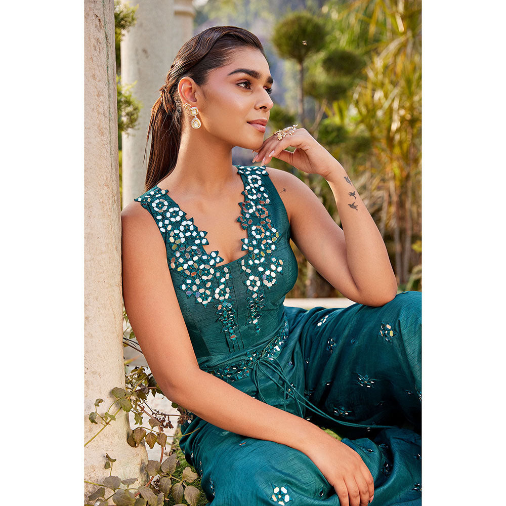 MEHAK MURPANA Teal Mirror Embroidered Jumpsuit with Belt (Set of 2)