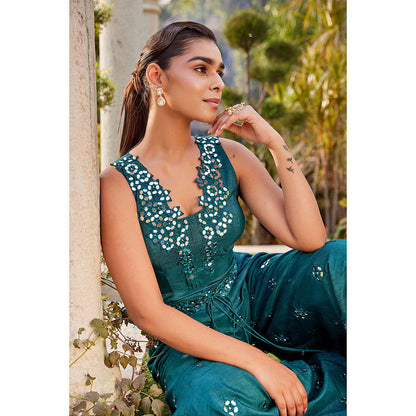 MEHAK MURPANA Teal Mirror Embroidered Jumpsuit with Belt (Set of 2)